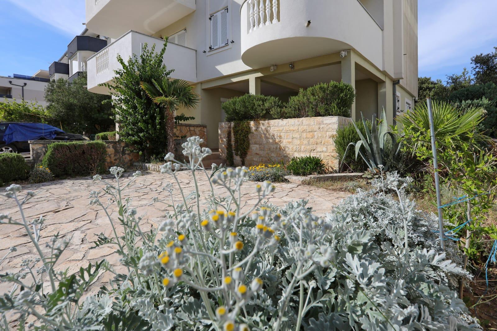 Uređeni vrt s mediteranskim biljem i kamenim pločama pred zgradom